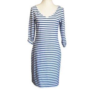 SAINT JAMES WHITE BLUE STRIPED V-NECK BACK KEYHOLE DRESS - 6